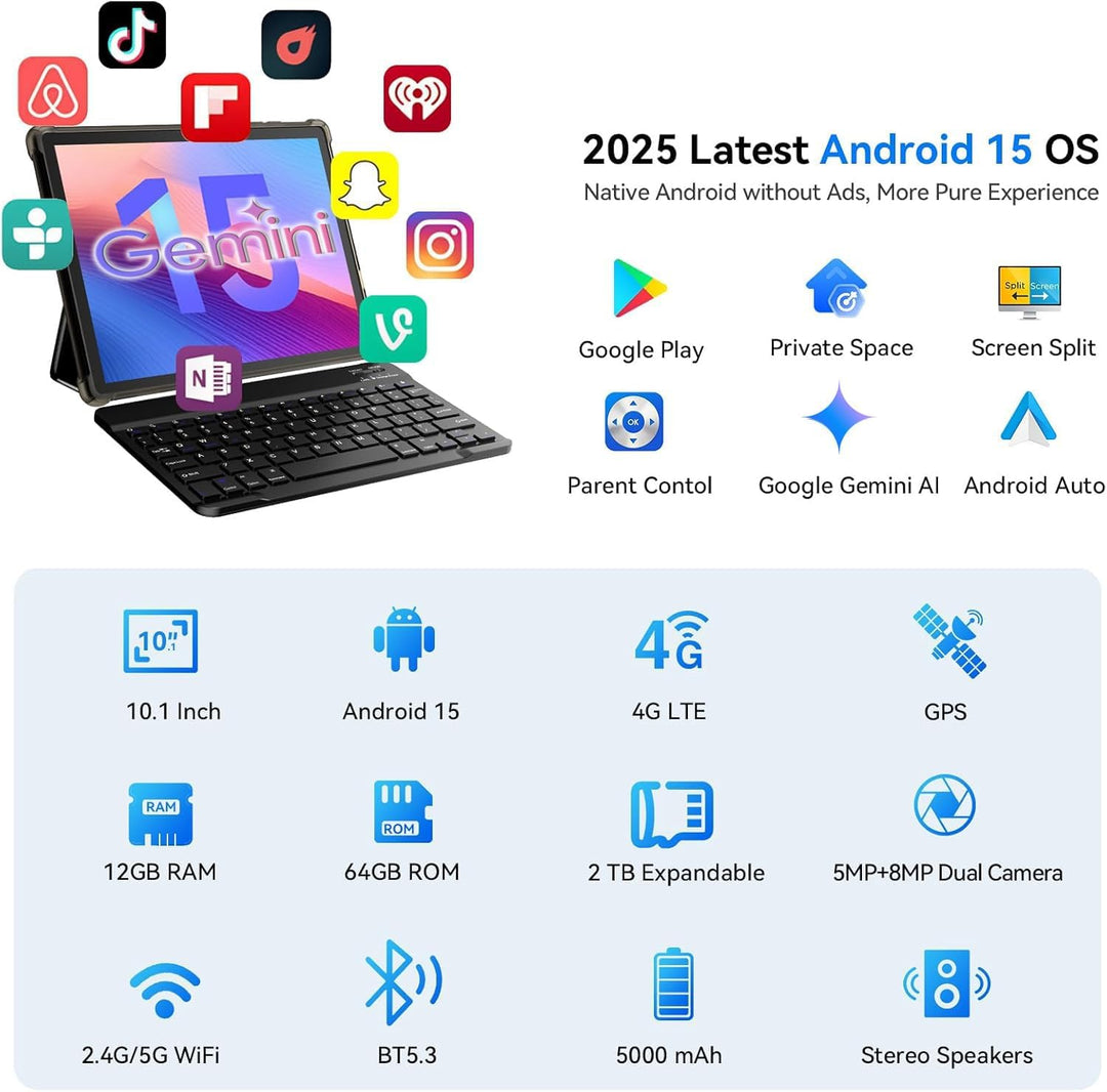 Tablet Android de 10 pulgadas, tableta Android 15 con teclado, mous...