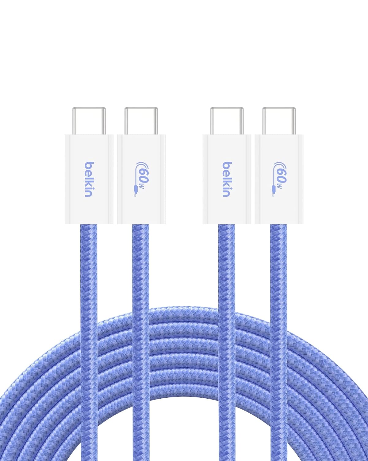 Belkin Cable USB C a USB C, paquete de 2 unidades, 9.9 pies, 60 W, cargador tipo C, cable de carga para iPhone, suave, trenzado, flexible para iPhone 17, Galaxy S25, Pixel 10, Airpods, iPad Pro y más