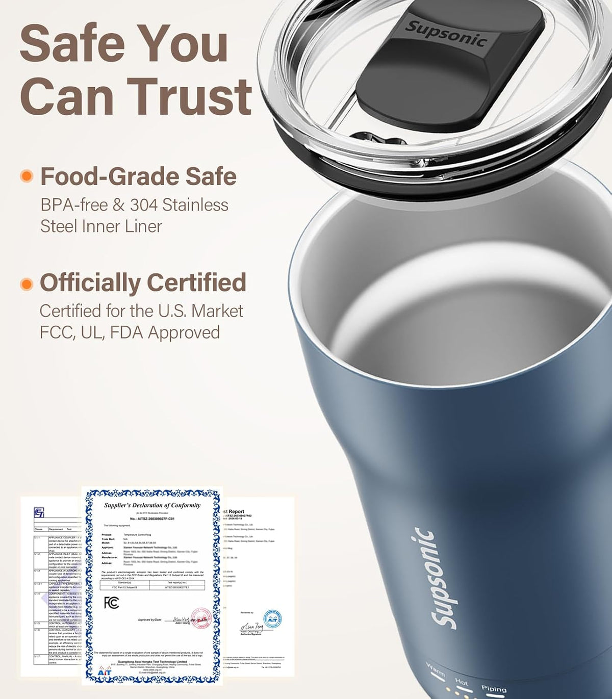 Supsonic Taza de control de temperatura, taza de café calentada recargable