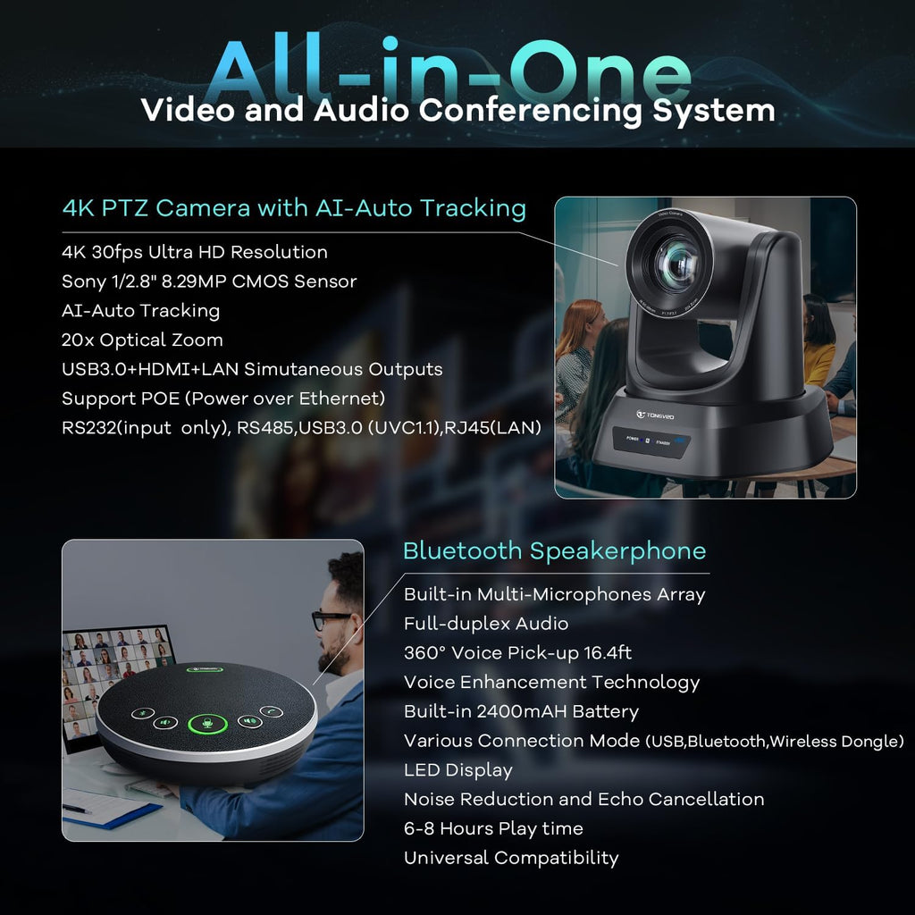TONGVEO Sistema de cámara de conferencia PTZ de seguimiento automático 4K AI con altavoz Bluetooth y micrófono, zoom óptico 20X, cámara de potencia PoE USB 3.0 HDMI LAN para adoración de la iglesia, reuniones, transmisión