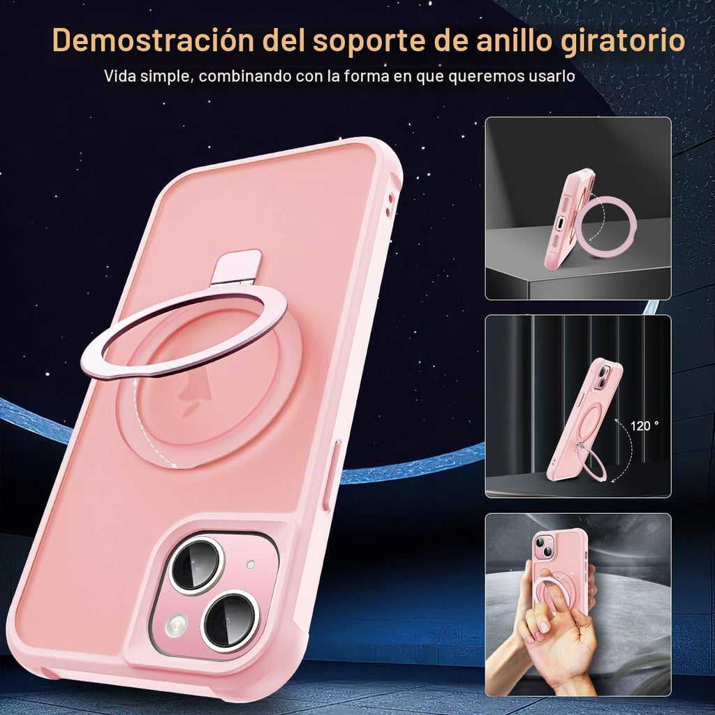 SKYLMW - Funda compatible con iPhone 15, con soporte magnético invisible tipo anillo, funda translúcida de grado militar para iPhone 15 de 6.1 pulgadas, compatible con MagSafe, rosa