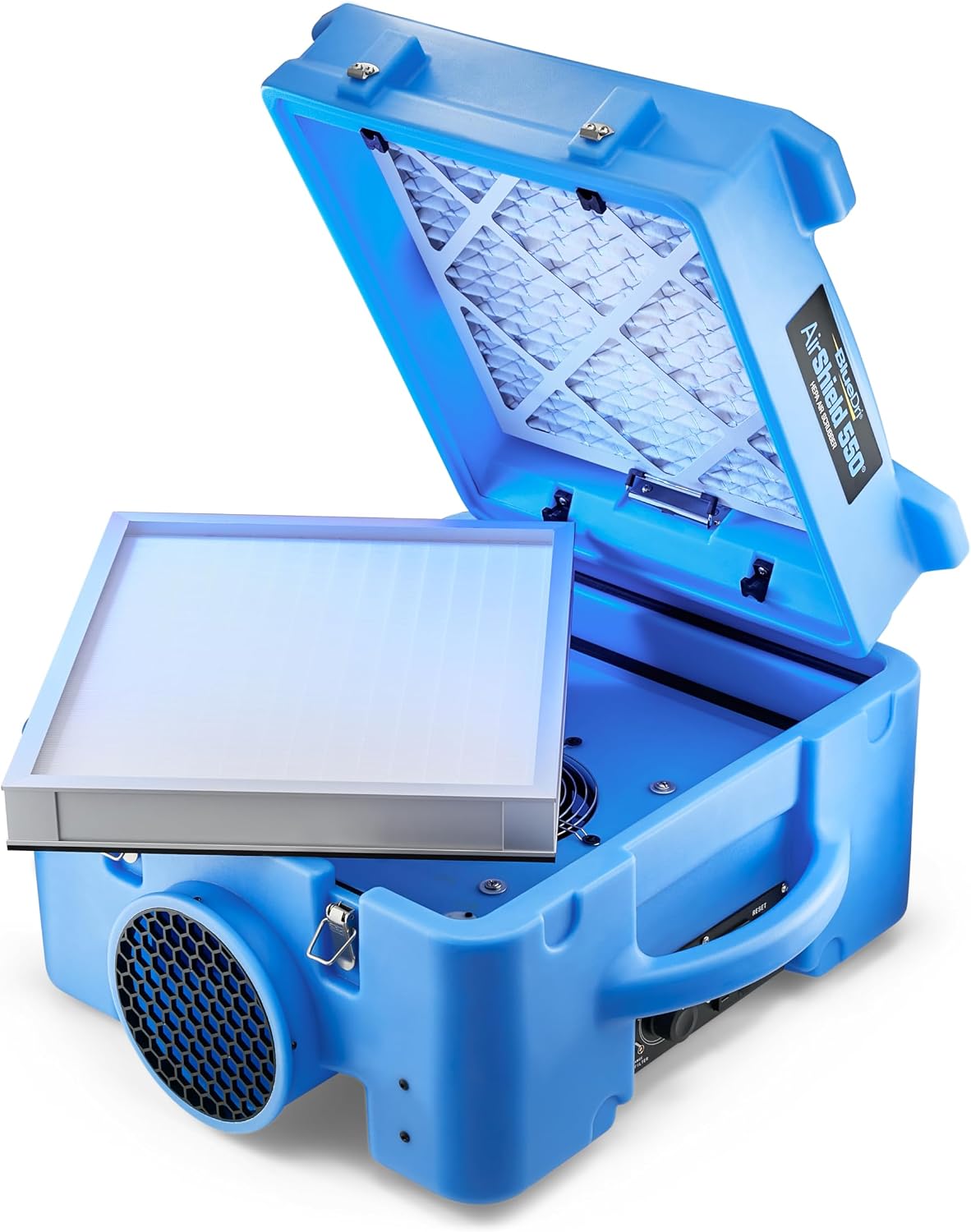 BlueDri Air Shield 550 Depurador de Aire HEPA, Equipo Purificador de Aire para Restauración de Daños por Agua, Cubre 1400 Pies Cuadrados, Capacidad de Conexión en Cadena, Para Uso Comercial, Azul