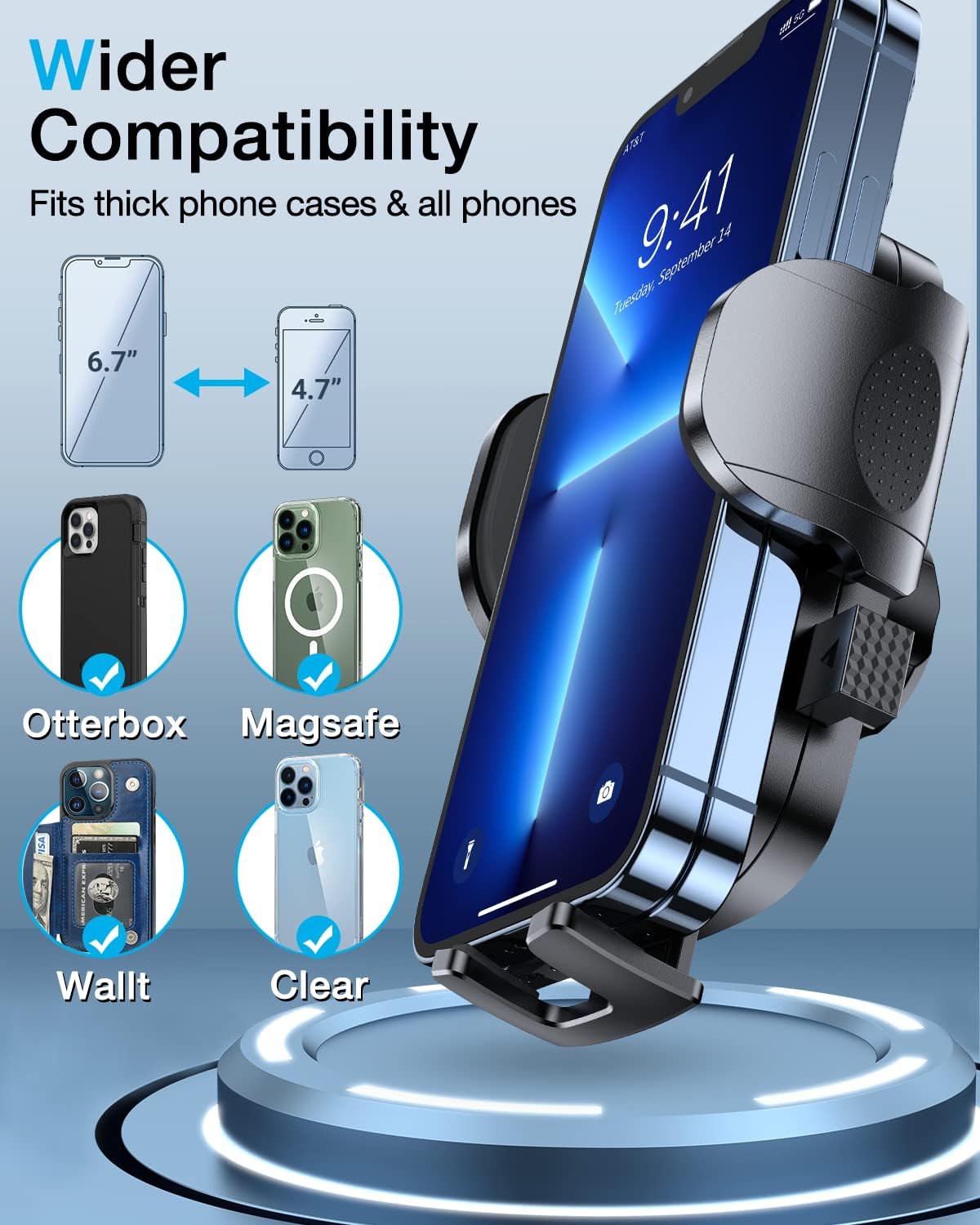 Soporte de teléfono celular para automóvil [potente ventosa] Soporte de teléfono azul zafiro para salpicadero, ventilación de aire, brazo largo, soporte de teléfono celular, funda gruesa, compatible con teléfonos pesados, azul