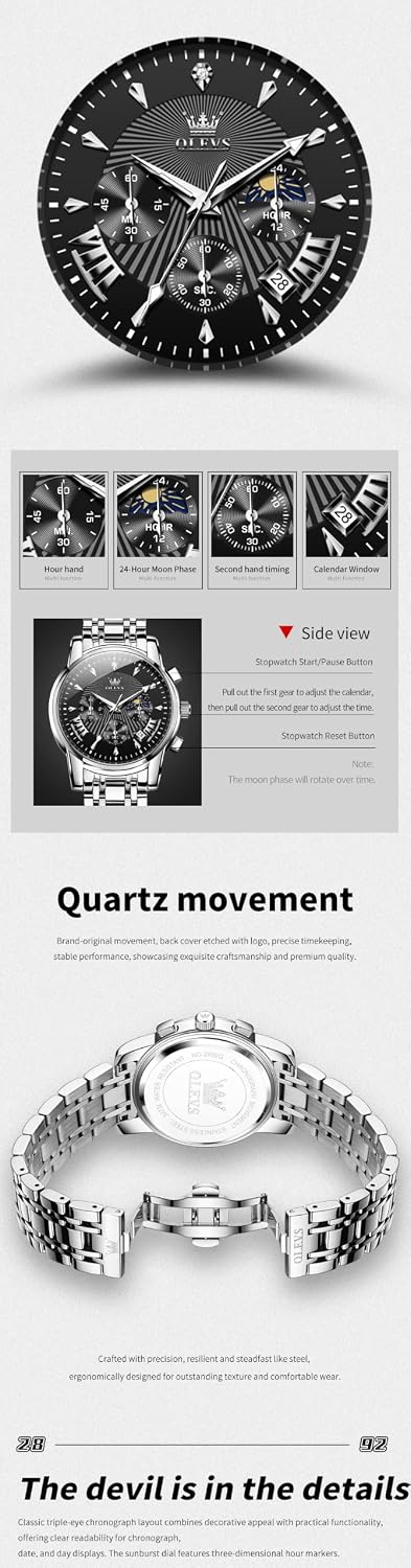 OLEVS Relojes para Hombres de Negocios de Acero Inoxidable, a Prueba de Agua, Estilo Casual Formal