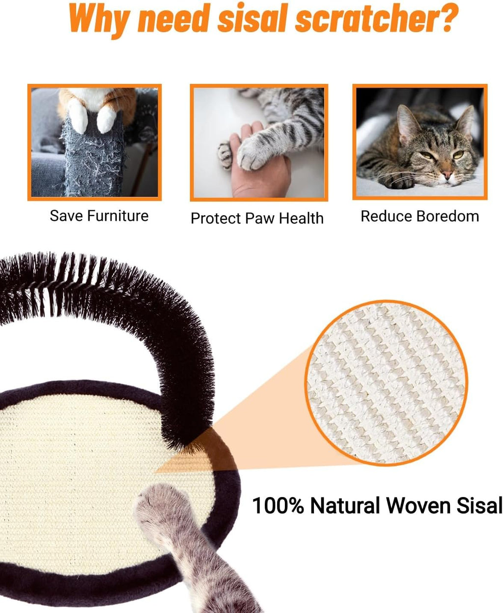 Rascador Automático para Gatos, Cepillo de Arco con Almohadilla de Sisal Tejido Resistente, Poste de Frotación y Juguete de Catnip, Rascadores para la Cara y Cuerpo del Gato, Rascadores