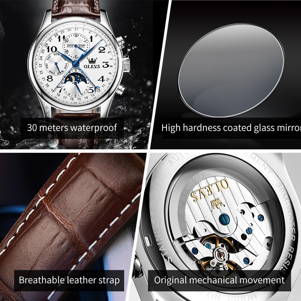 OLEVS - Relojes automáticos para hombre, multicalendario, con fase lunar, 3ATM impermeable, reloj de lujo clásico para negocios, de pulsera