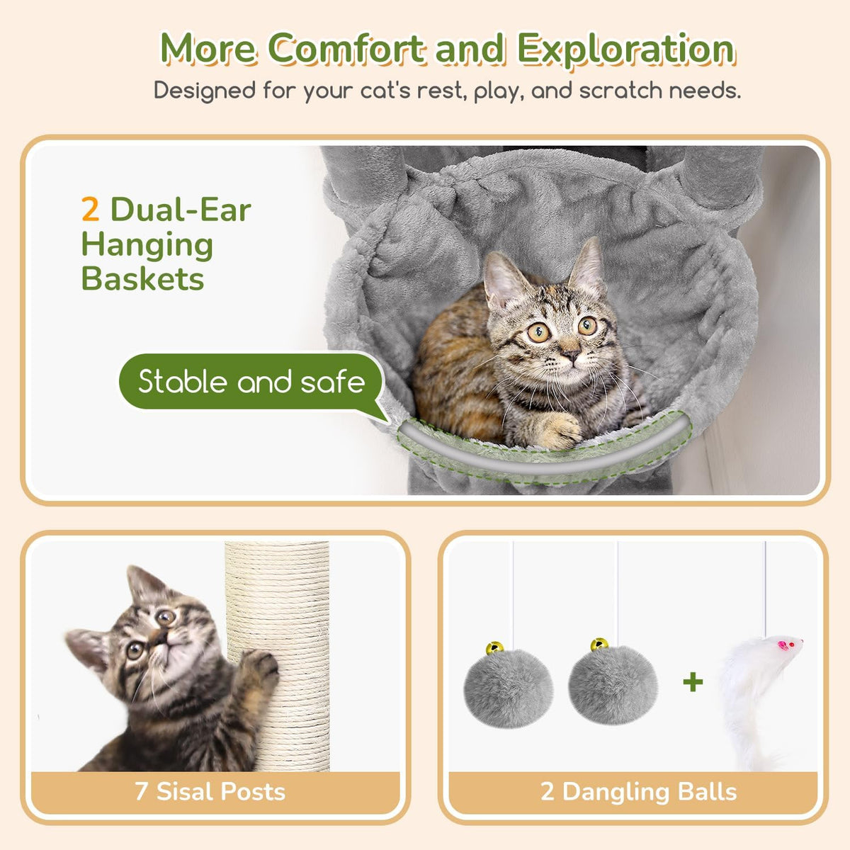 Globlazer Torre de árbol de gato resistente de 74 pulgadas para gatos de