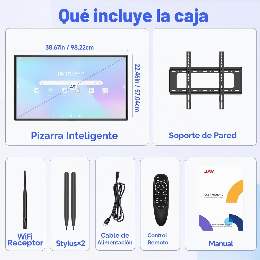 JAV Pizarra inteligente de 43 pulgadas, pizarra blanca interactiva con pantalla táctil giratoria, certificado EDLA, Android 14, espejo inalámbrico para enseñanza en aula, transmisión en vivo, oficina