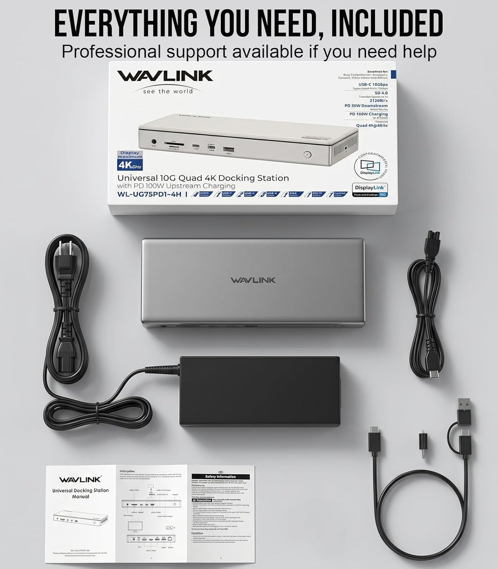 WAVLINK Estación de acoplamiento Pro 4 monitores, pantallas Quad 4K para