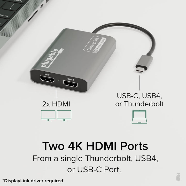Adaptador Plugable USB C a HDMI Dual Monitor 4K 60Hz para