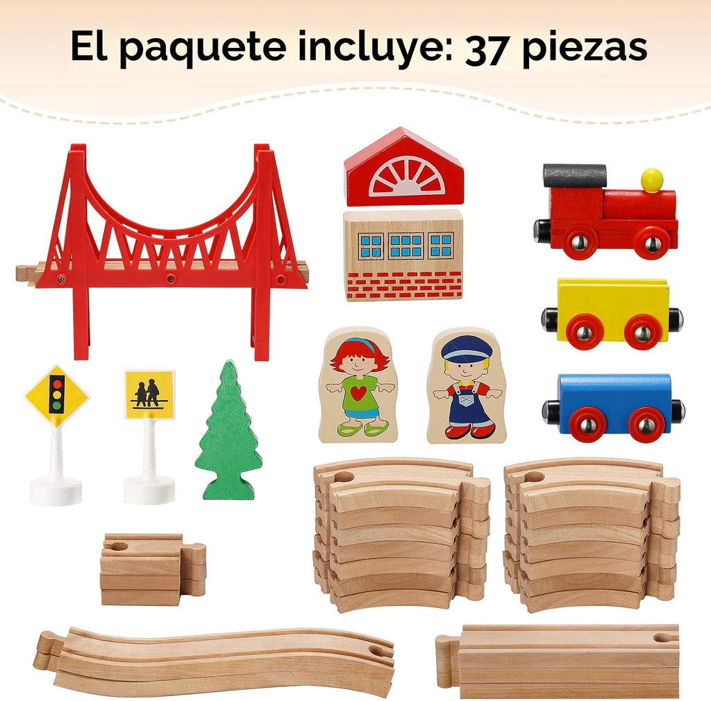 SainSmart Jr. Juego de Tren de Madera para Niños Pequeños - Vías de Madera de Doble Cara Compatible con Brio, Thomas, Melissa y Doug - Expandible, Cambiable - Tren de Juguete de Madera para Niños de 3