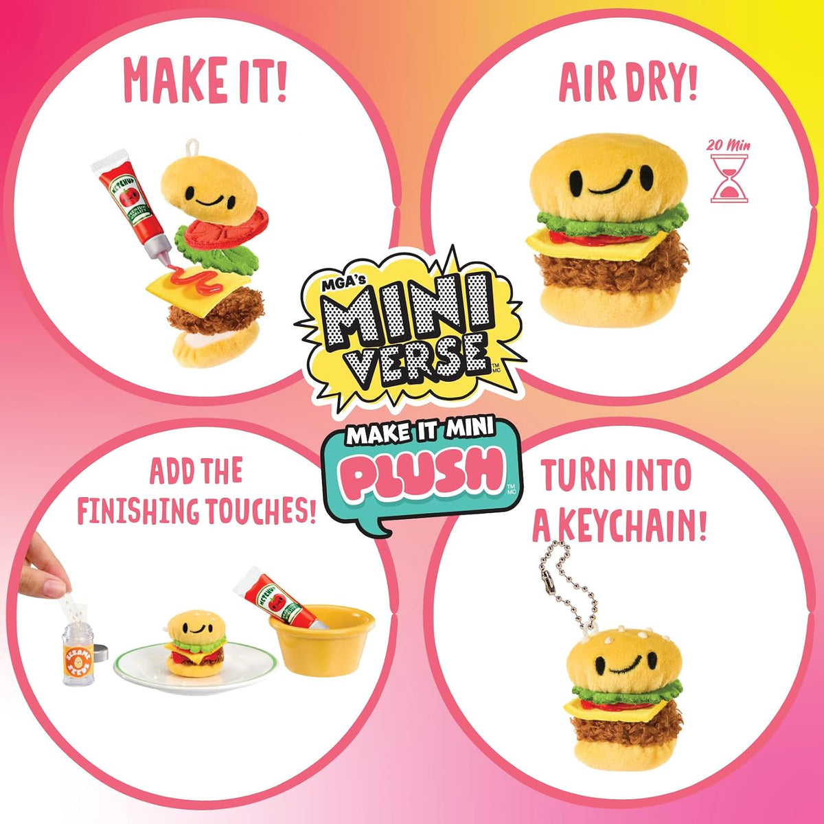 MGA's Miniverse Make It - Mini peluche (paquete de 2), embalaje ciego, bricolaje, coleccionables de felpa con temática de alimentos, adhesivo de secado al aire, 8 para coleccionar, accesorio de