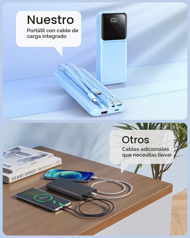 Cargador Portátil con Cable Integrado - Banco de Energía de 20000mA...