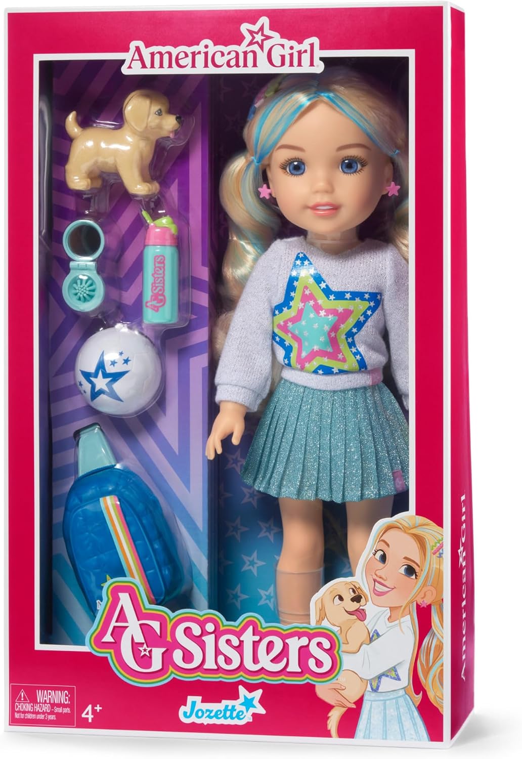 American Girl, AG Sisters Jozette - Muñeca con ojos azules, cabello rubio largo ondulado con reflejos azules, 14.5 pulgadas, a partir de 4 años (exclusivo de Amazon)