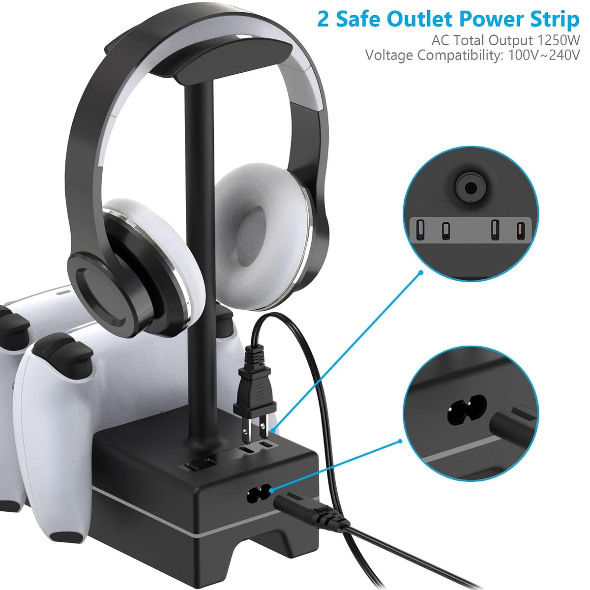 Cargador para PS5 con puerto de carga USB y toma de corriente, estación de carga RGB DualSense para controles de Playstation 5 con soporte para audífonos, accesorios PS5