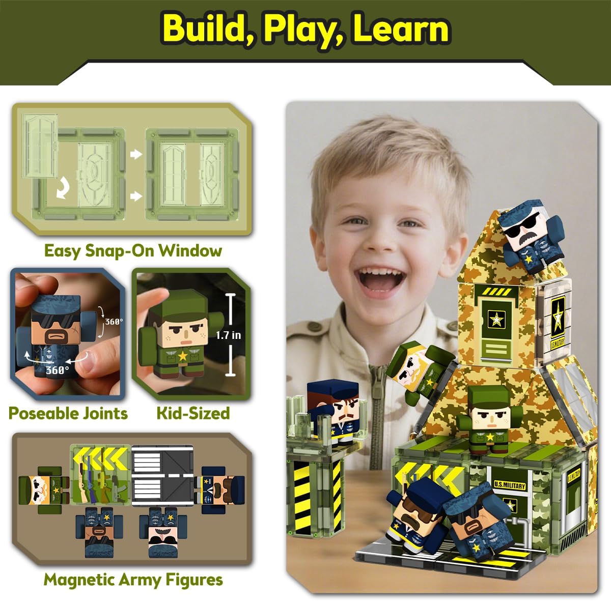 GobiDex 100 piezas de azulejos magnéticos, juguetes de carretera y ejército, Juego del ejército