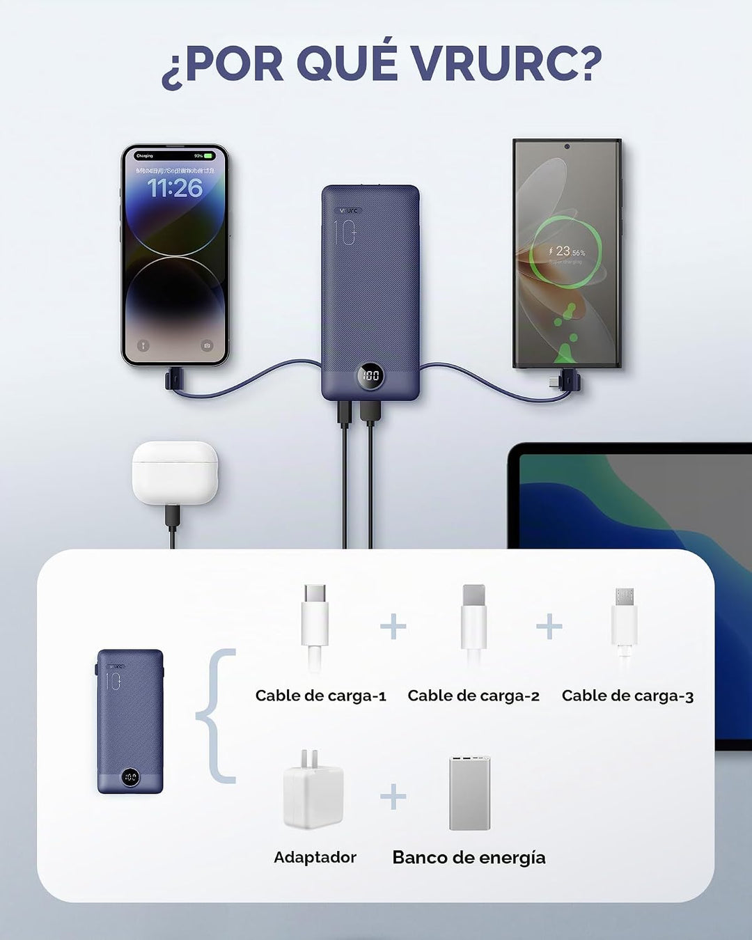 VRURC Cargador portátil con cables integrados y enchufe de pared de...