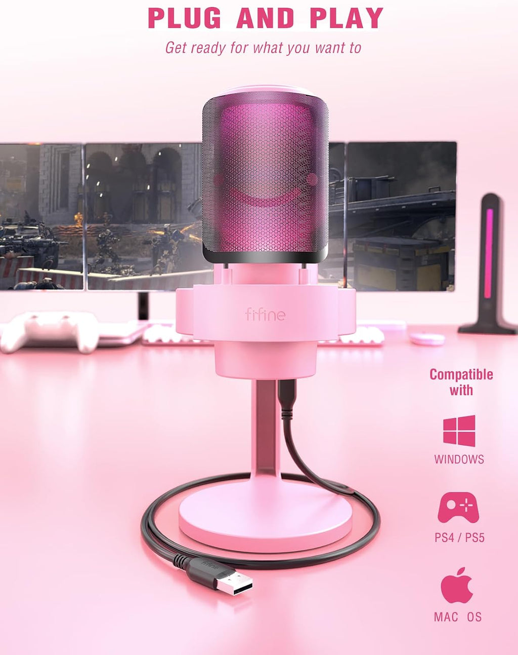 Micrófono de transmisión FIFINE USB para juegos, micrófono de condensador de escritorio para PC, para video y uso en casa, YouTube, con control RGB, perilla de ganancia, conector de auriculares 3.5 mm, montaje antivibración, para computadora/PS5-AmpliGame