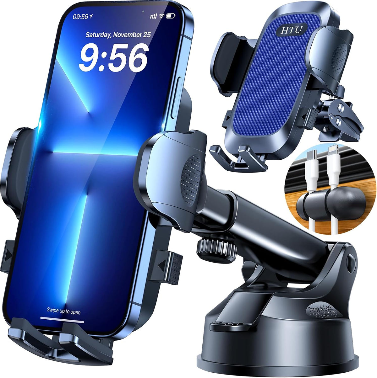 Soporte de teléfono celular para automóvil [potente ventosa] Soporte de teléfono azul zafiro para salpicadero, ventilación de aire, brazo largo, soporte de teléfono celular, funda gruesa, compatible con teléfonos pesados, azul