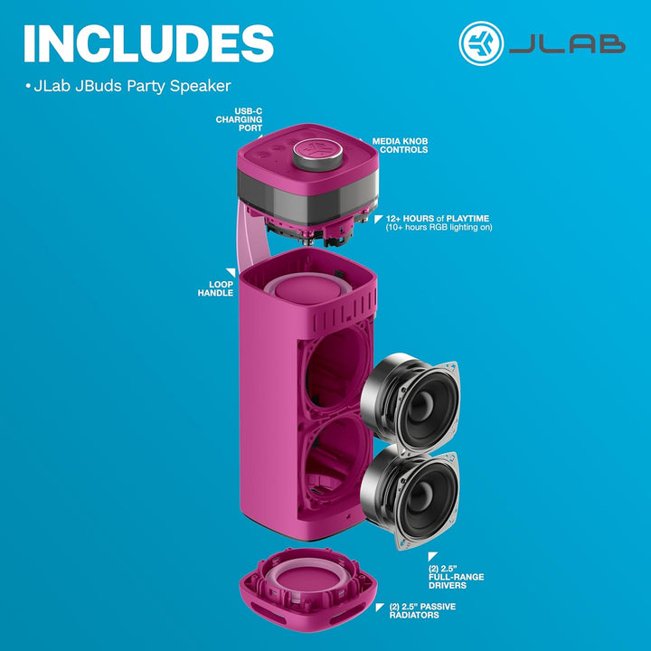JLab JBuds Party - Altavoz Bluetooth portátil, 2 controladores de r...