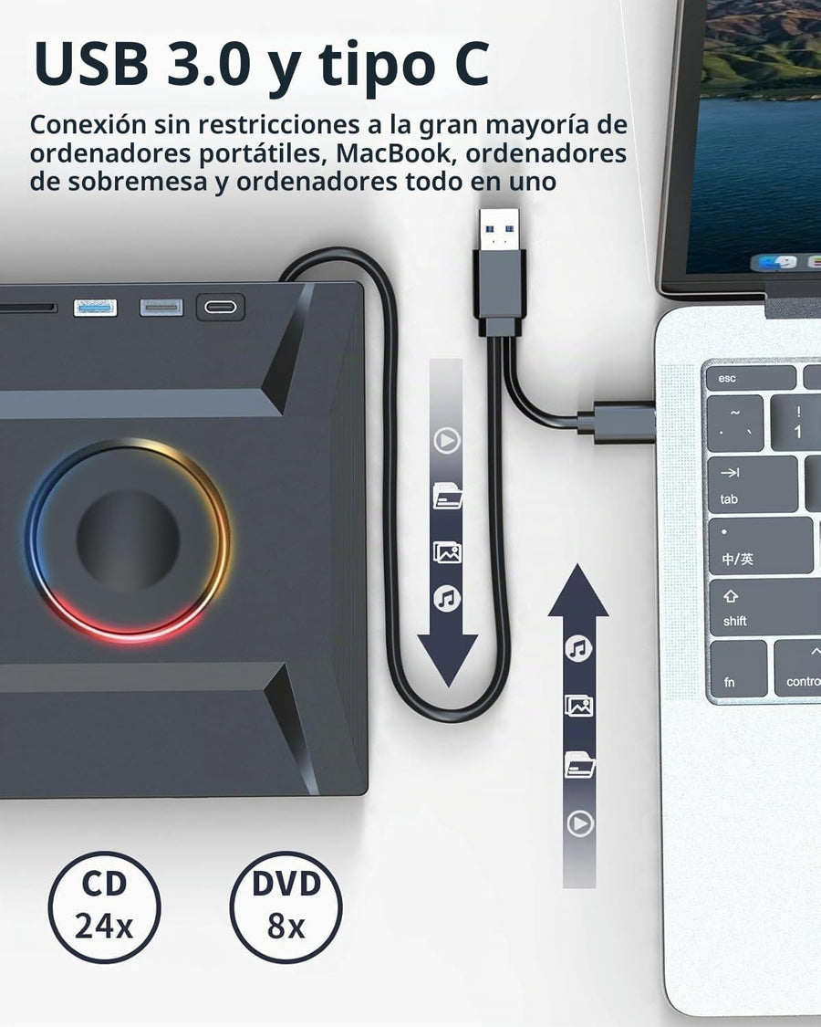 ASHDOL Unidad externa de CD DVD 7 en 1, lector de discos USB 3.0 y...