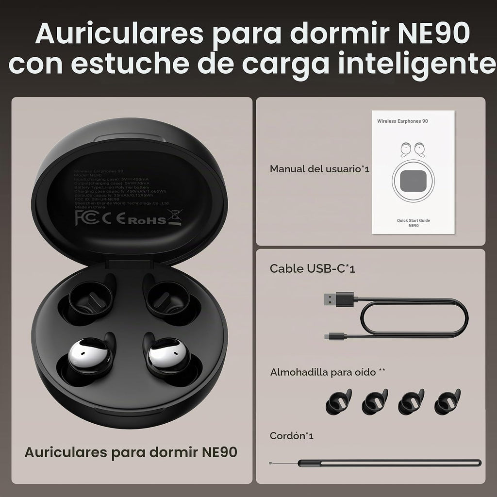 NE90 - Auriculares para dormir con funda de pantalla táctil inteligente de 0.11 oz, ultra pequeños, auriculares inalámbricos Bluetooth 6.0, aplicación de ruido blanco, cancelación de ruido ENC