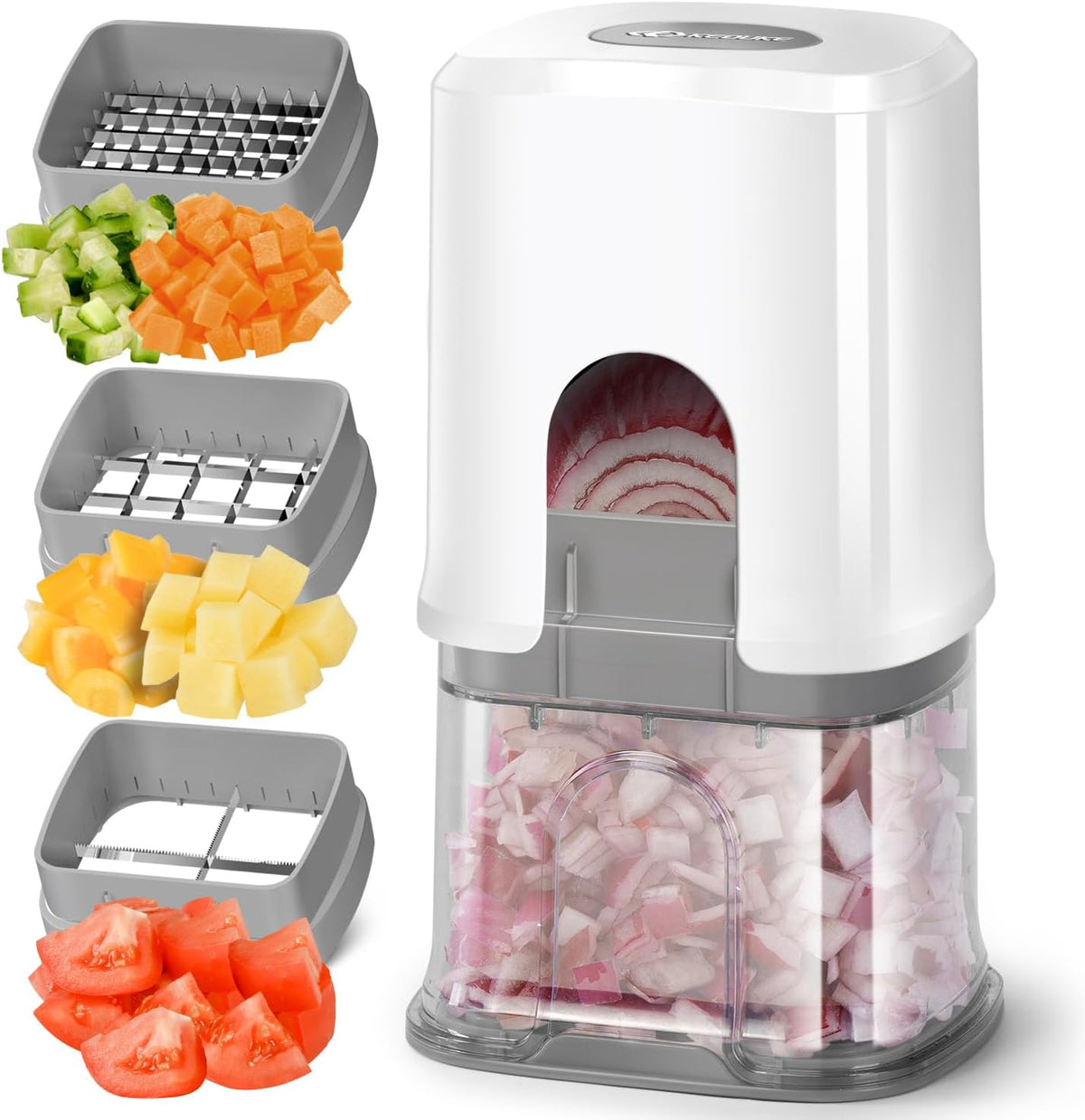 KEOUKE Picador multifuncional de verduras, blanco, 3 cuchillas intercambiables, cortador de papas fritas con recipiente y caja de almacenamiento, picador de alimentos para pepino, tomate, zanahoria, cebolla