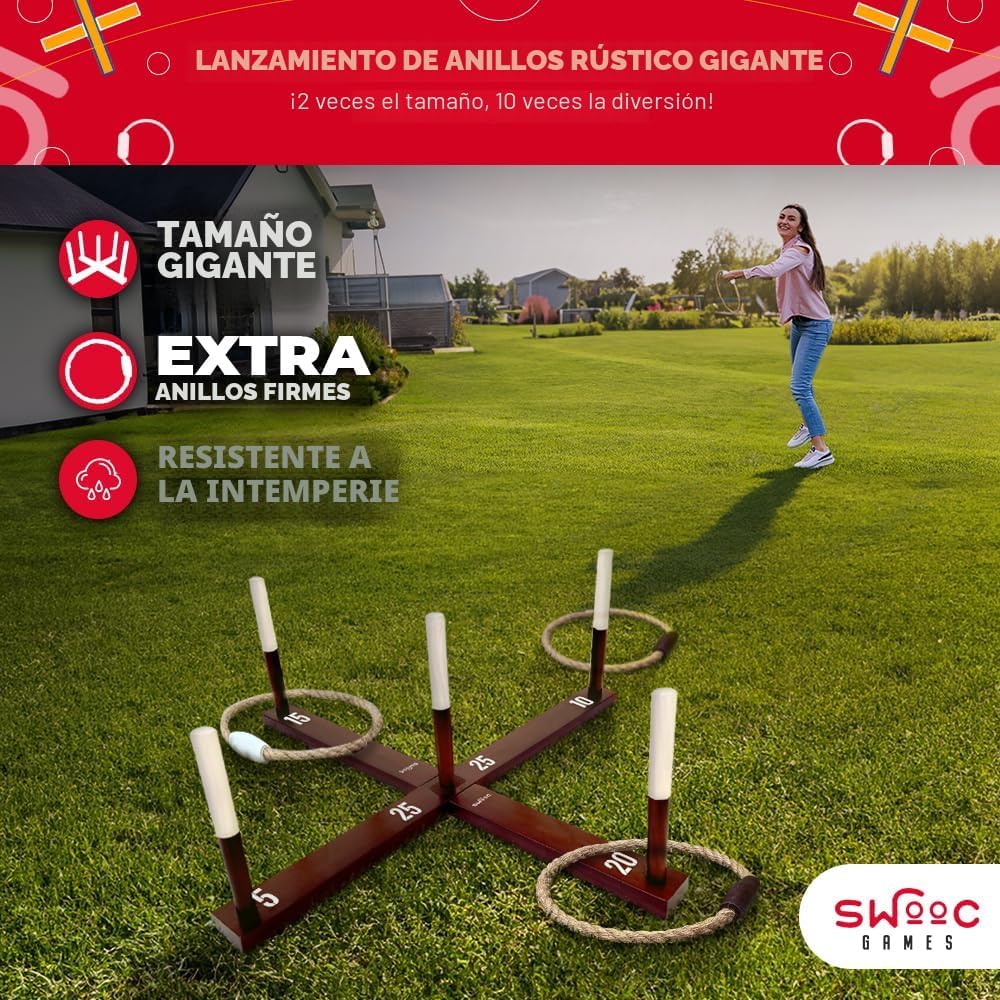 Swooc Juegos - Juego rústico de lanzamiento de anillos (todo tipo de clima) - Fácil configuración y juegos adicionales incluidos - Juego de lanzamiento de anillos para adultos - Actividades al aire