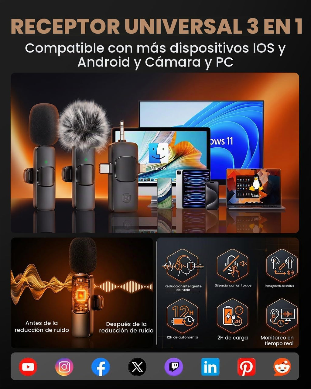 71" Trípode para teléfono con 2 LEDs, 2 micrófonos inalámbricos y control remoto recargable