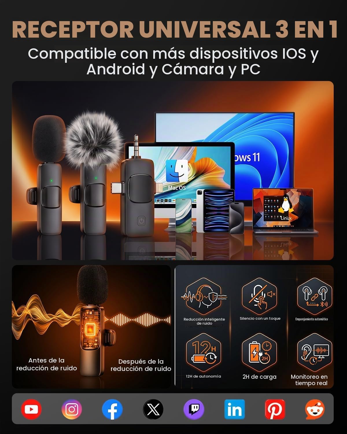71" Trípode para teléfono con 2 LEDs, 2 micrófonos inalámbricos y control remoto recargable