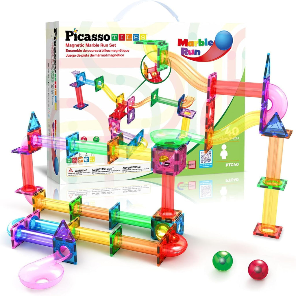 PicassoTiles Azulejos Magnéticos Pista de Canicas Bloques de Construcción Color Arcoíris con Tobogán Embudos de Caída Tubos Juguete Educativo STEM Set Compatible Kit de Construcción Duradero para