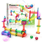 PicassoTiles Azulejos Magnéticos Pista de Canicas Bloques de Construcción Color Arcoíris con Tobogán Embudos de Caída Tubos Juguete Educativo STEM Set Compatible Kit de Construcción Duradero para