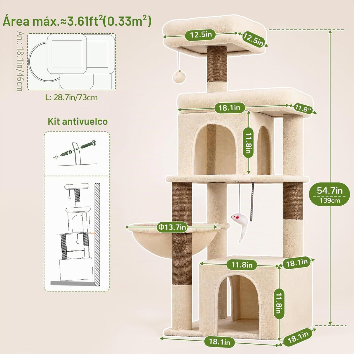 Globlazer Cat Tree Tower 2 Condo Kitten Scratching Post, F54, Beige