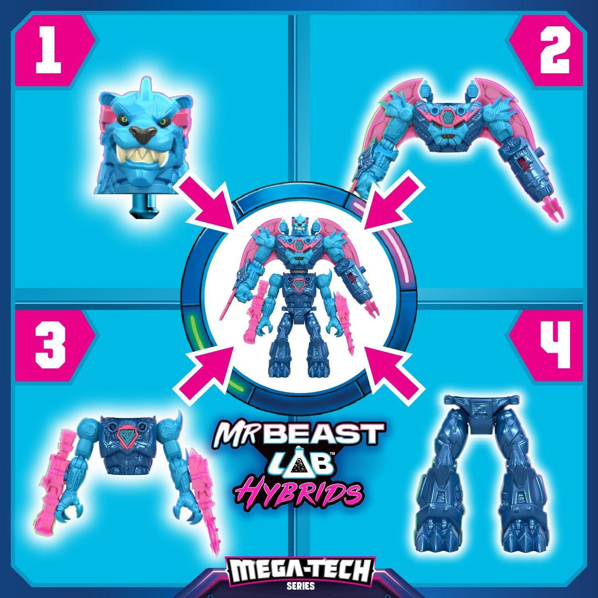 MrBeast Lab Hybrids Mega Pack, 4 Mix & Match Figures, 7 Accessories