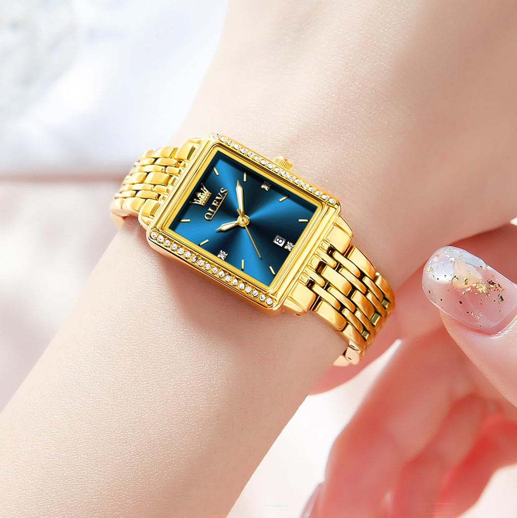 OLEVS Reloj de mujer de oro de acero inoxidable, reloj de cara cuadrada pequeña con decoración de diamantes, reloj de vestir de cuarzo analógico de lujo para mujer, reloj de pulsera impermeable con