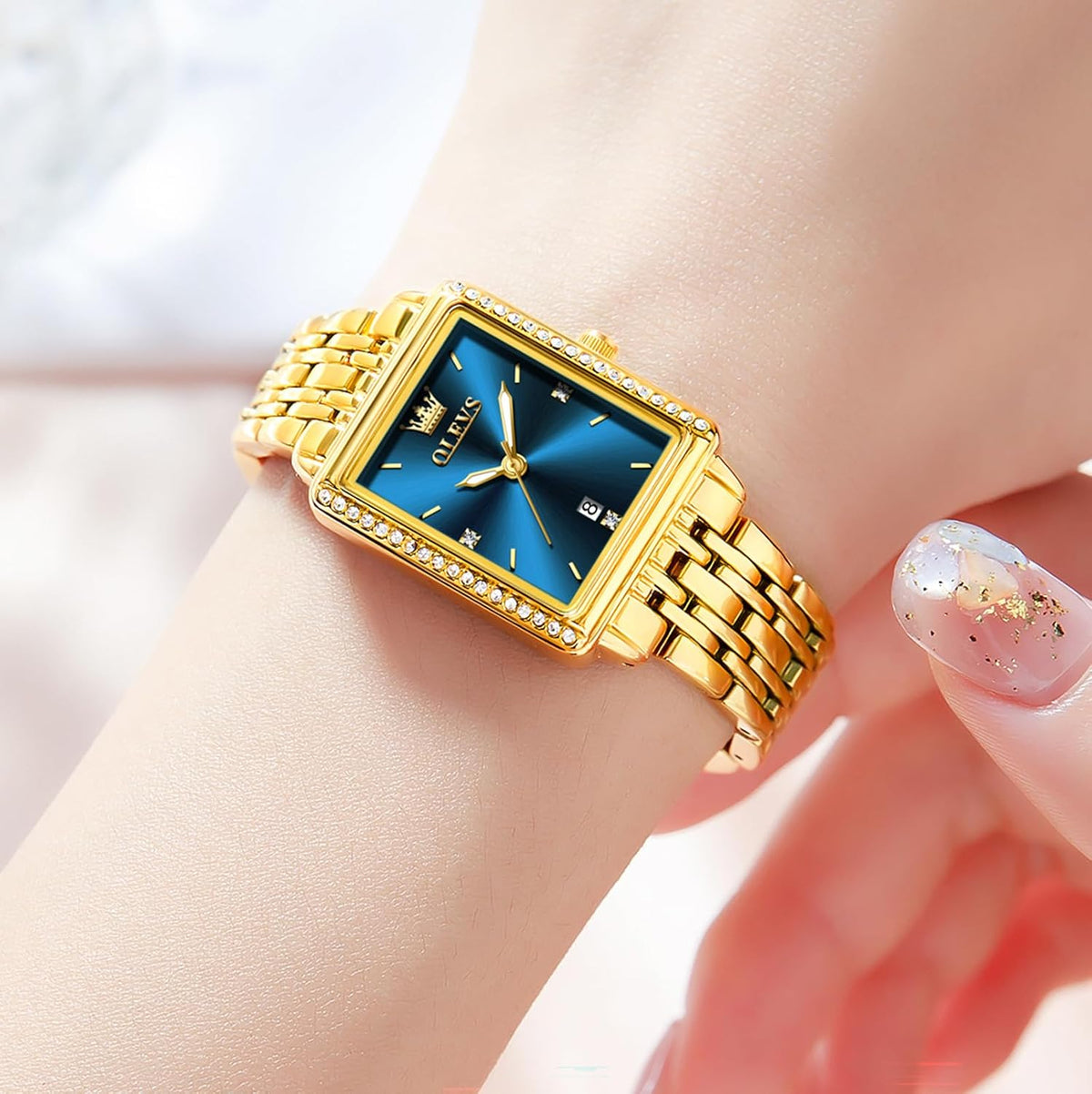 OLEVS Reloj de mujer de oro de acero inoxidable, reloj de cara cuadrada pequeña con decoración de diamantes, reloj de vestir de cuarzo analógico de lujo para mujer, reloj de pulsera impermeable con