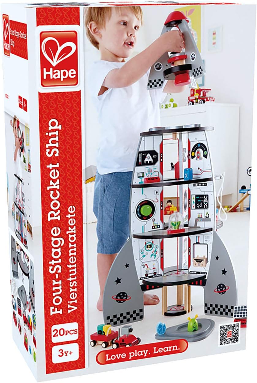 Hape Juego de Nave Cohete de Cuatro Etapas para Niños Pequeños | Un Juguete de Nave Espacial de Madera con Diseños de Transbordador Espacial de la Vida Real