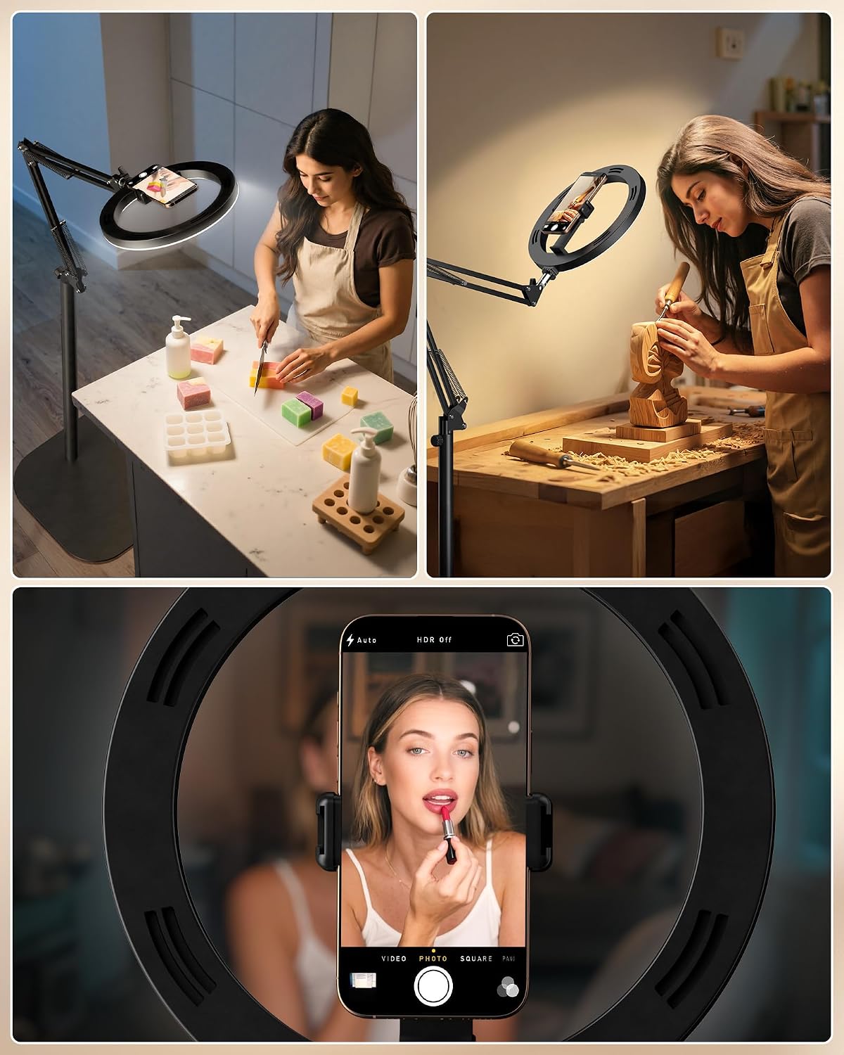 LUXSURE Trípode para iPhone con Luz, soporte panorámico de 71" para teléfono con soporte para teléfono, Anillo de luz ajustable con soporte y trípode para iPhone para grabación de video, Cocina, Pintura, TikTok, YouTube