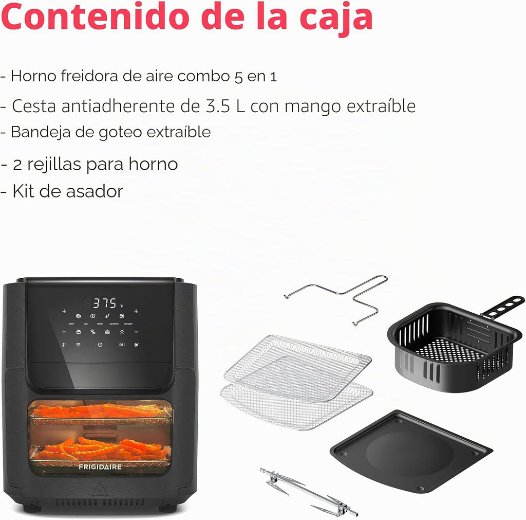 Frigidaire Horno combinado de freidora de aire 5 en 1 con ventana de visualización, gran capacidad de 12.6 QT, pantalla digital, 5 modos de cocción, 7 ajustes preestablecidos de recetas, recordatorio