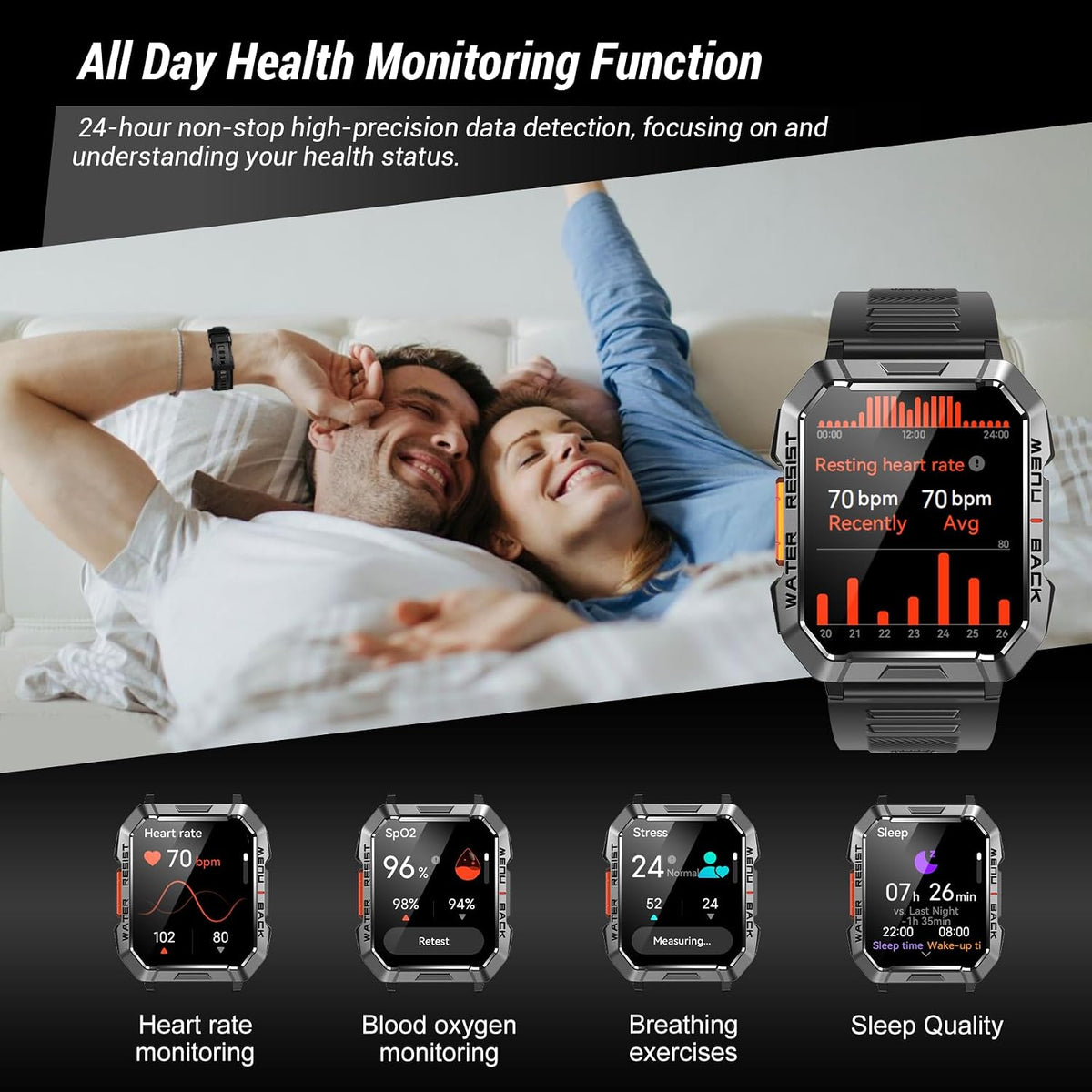 Reloj inteligente militar para hombre (respuesta/hacer llamadas), reloj inteligente de 2.01 pulgadas para Android y iPhone, rastreador de actividad física con linterna/brújula/batería de 100 días/frecuencia cardíaca/sueño/más de 100 modos deportivos (2