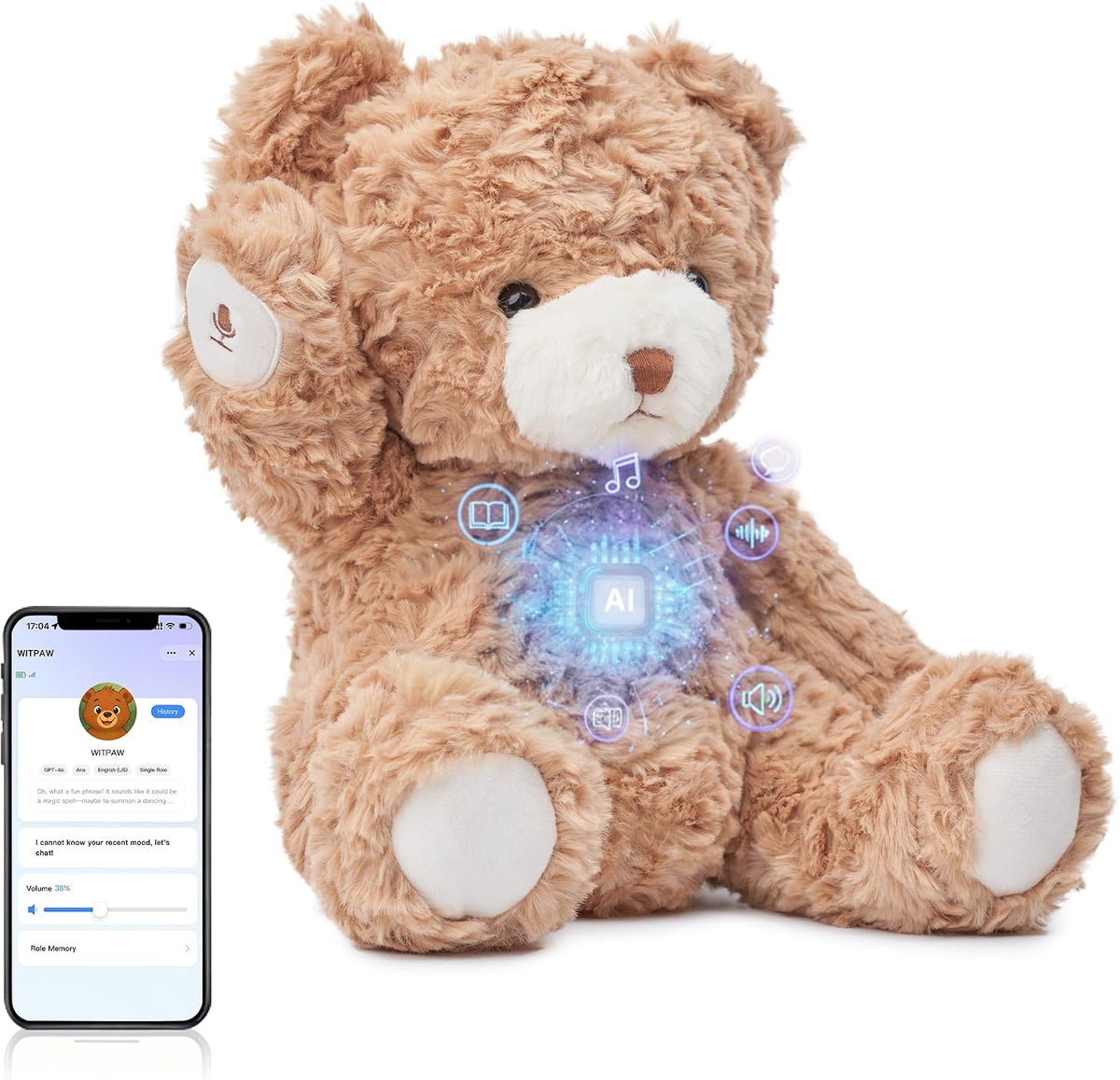Oso de peluche AI para niños de 3 a 9 años, conversación de IA en tiempo real y respuestas de voz inteligentes, compañero de IA interactivo sin pantalla para la hora de acostarse, historias