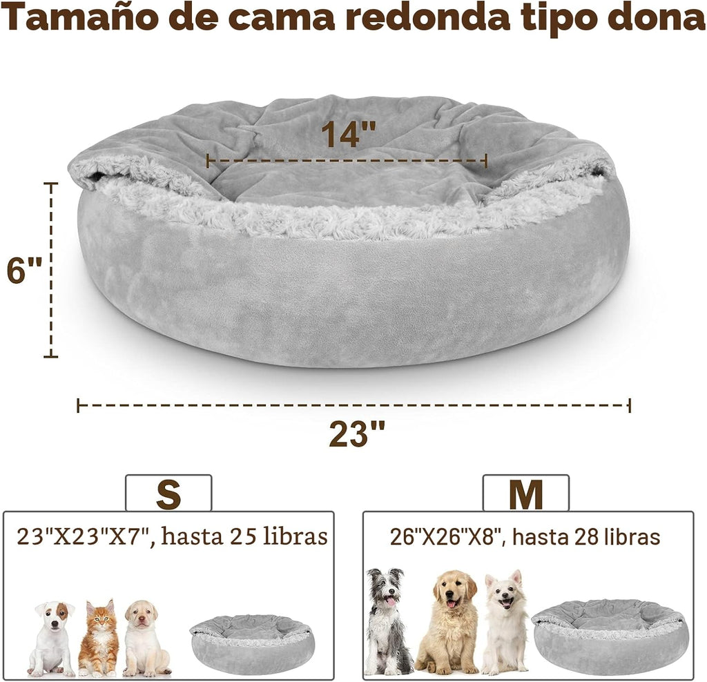 JOEJOY Cama pequeña para perros y gatos con manta con capucha, acogedora cama de lujo para cachorros y mascotas, redonda en forma de dona, calmante y antiansiedad, cama cueva para perros, parte