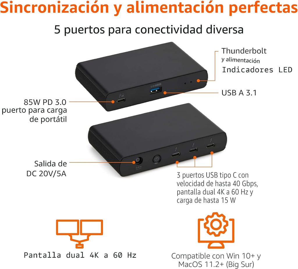 Amazon Basics Estación de acoplamiento Thunderbolt 4, soporte de pantalla dual 4K a 60Hz, entrega de energía de 85 W, 3 veces TBT4 descendente, 1 USB A 3.1, compatible con Mac/Windows, negro