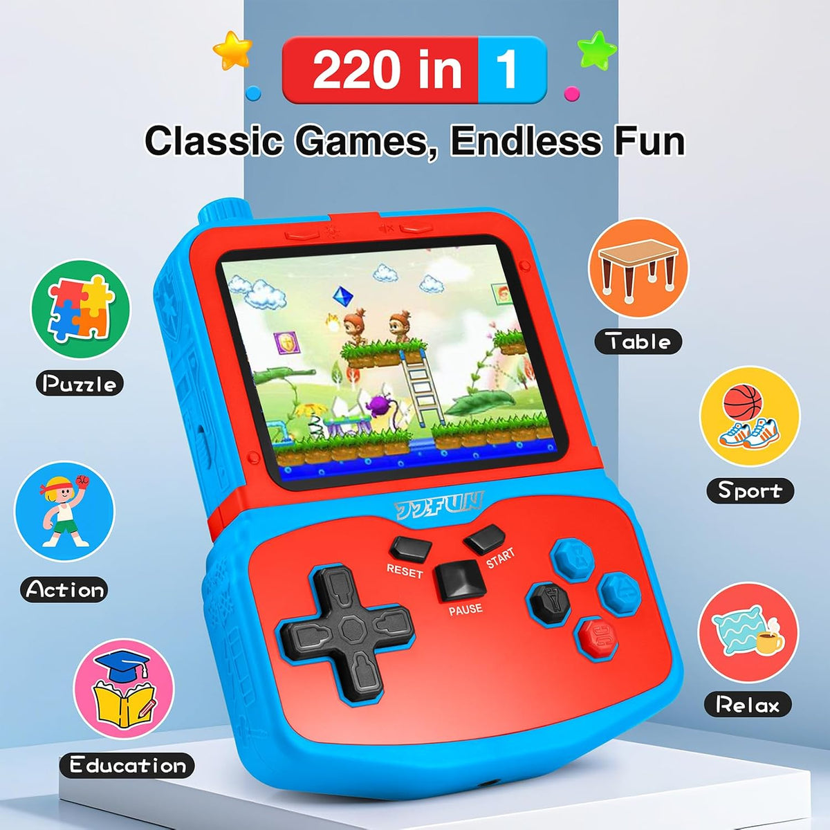 Consola de videojuegos portátil para niños, 220 juegos clásicos retro integrados, reproductor de mano Plug & Play con pantalla IPS de 3.5 pulgadas, juguete de viaje recargable, regalo de cumpleaños para niños y niñas, azul