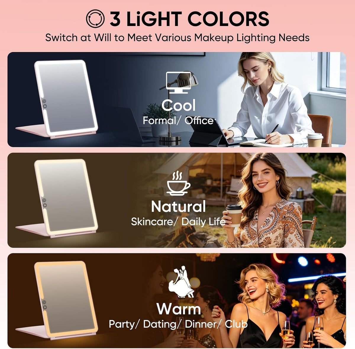FUNTOUCH Espejo recargable grande del maquillaje del viaje 2500mAh con la