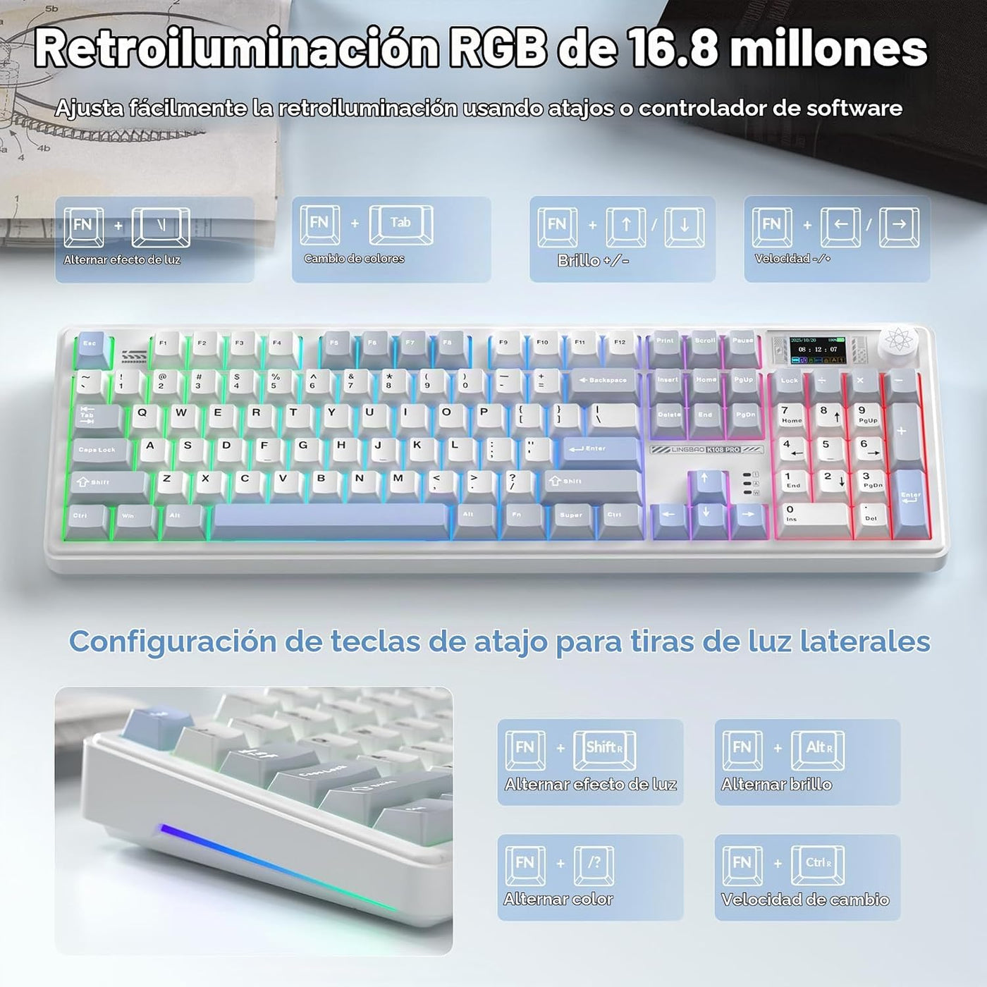 CORBOBO LINGBAO K108 Pro Teclado mecánico inalámbrico con pantalla...