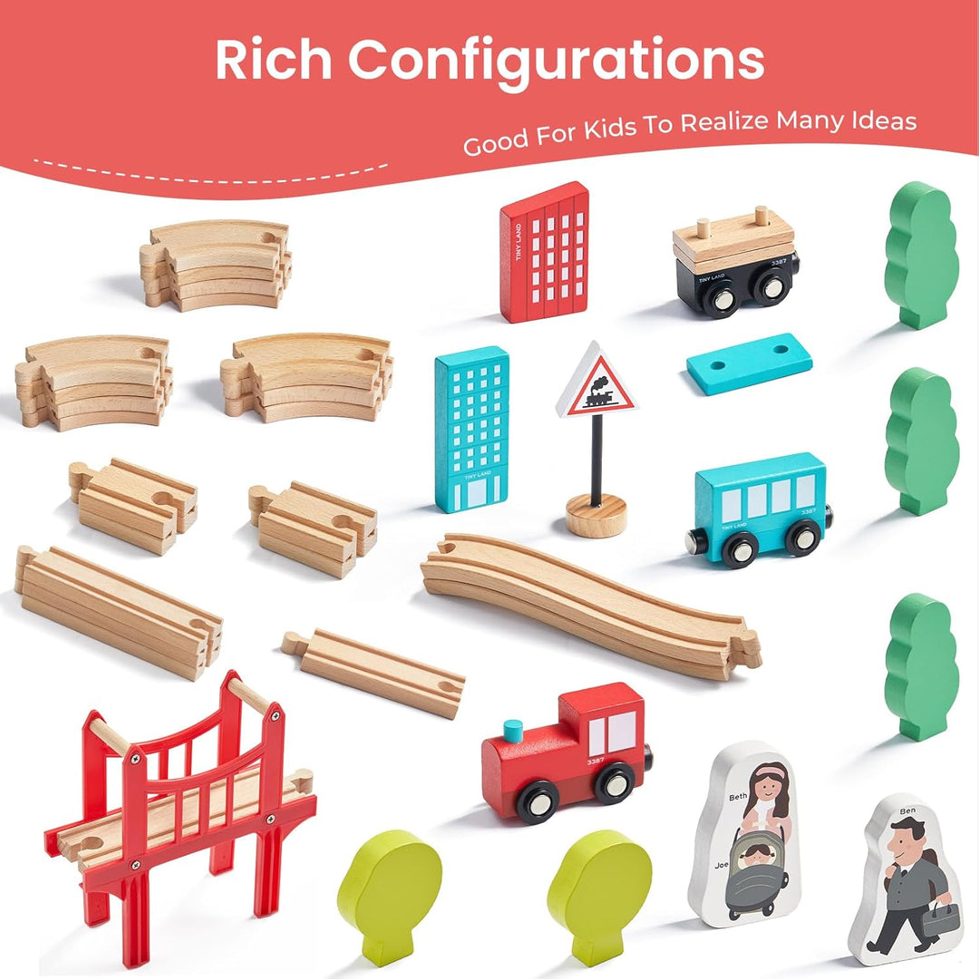 Tiny Land Juego de tren de madera para niños pequeños, 39 piezas, c...