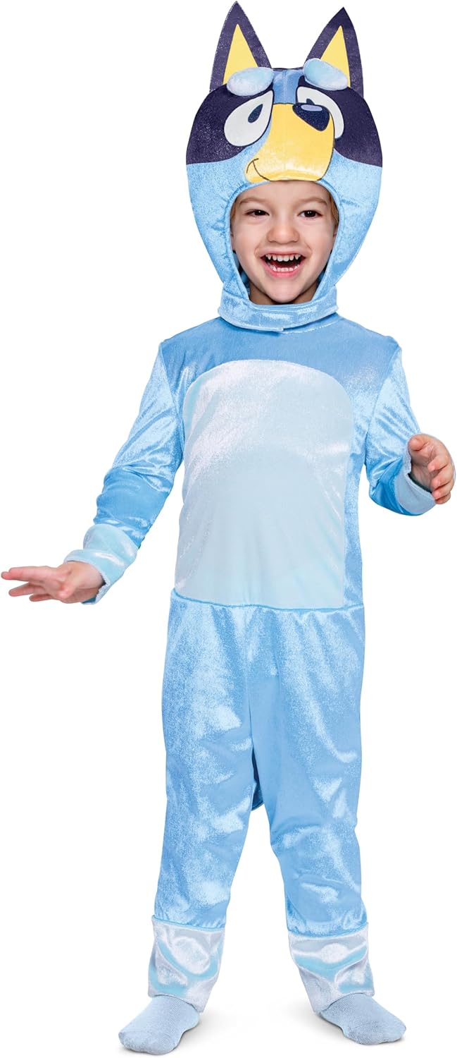 Disfraz de Bluey para niños, traje oficial de personaje de Bluey con mono y tocado para niños pequeños