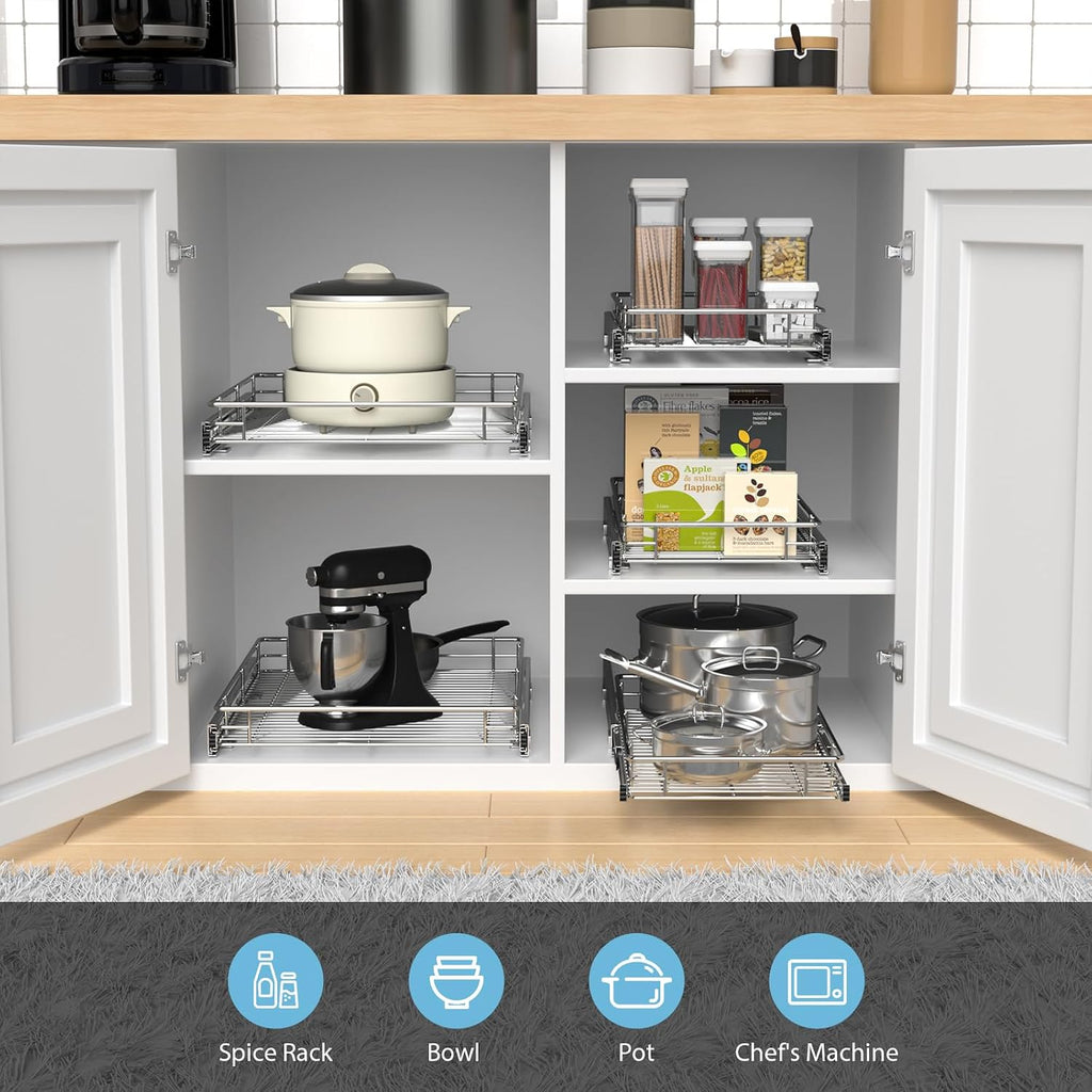 ZOINLIY Organizador de armario extraíble, versátil organizador de cocina deslizante y almacenamiento, cesta de almacenamiento de cajones resistente, deslizamiento suave, acabado cromado, 22.8 pulgadas