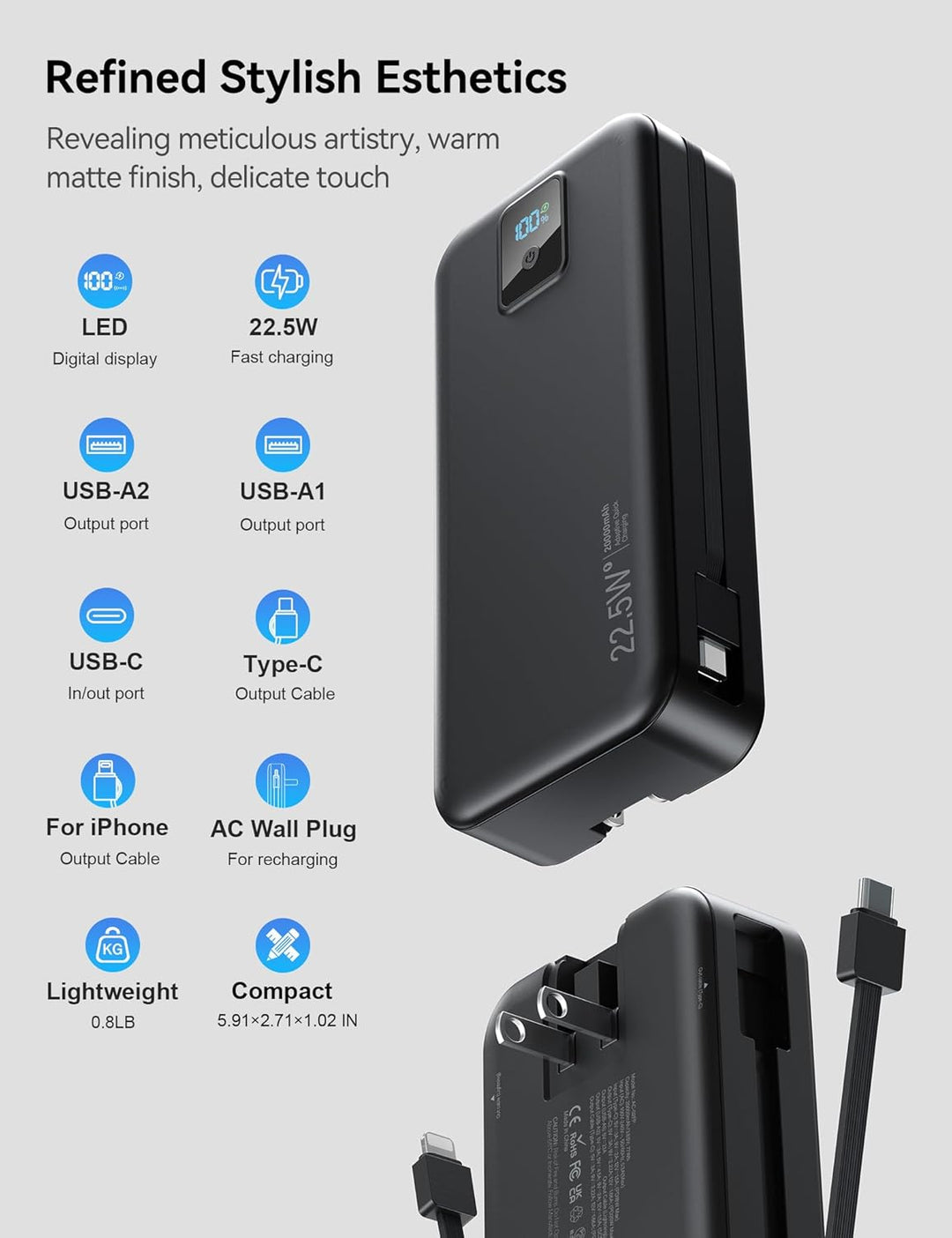 Cargador portátil, Batería externa de 20000 mAh con 22.5W de carga...